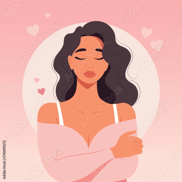 Obraz Self love concept. Happy young woman embracing herself in a warm and loving hug. Take time for your self. Pastel cute soft colors. Vector illustration in flat style.