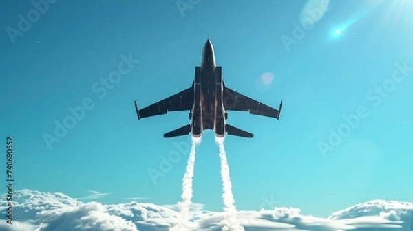 Fototapeta High-performance military fighter jet taking off in vivid blue sky, leaving trails of sharp exhaust. Capturing speed, agility, and precision of aviation technology