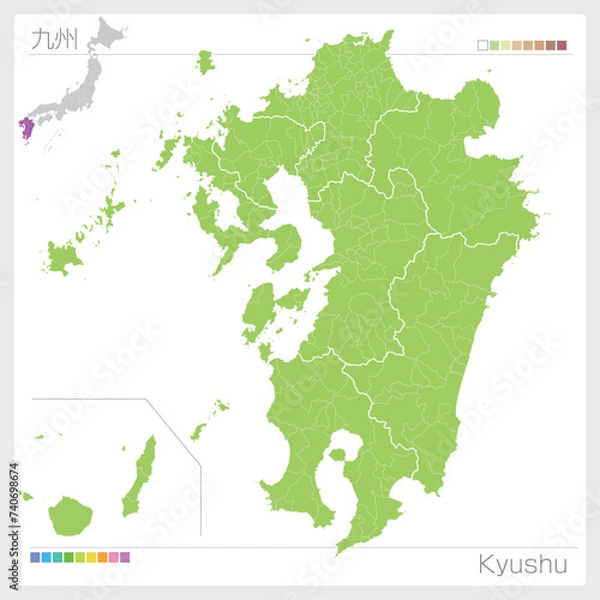 Obraz 九州地方の地図・Kyushu（グリーン）