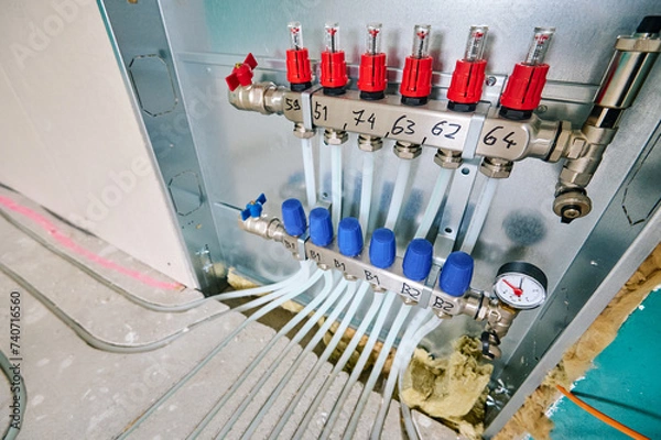 Fototapeta Fußbodenheizung wird in Estrich eingefräst bei einer Renovierung von Einfamilienhaus. 