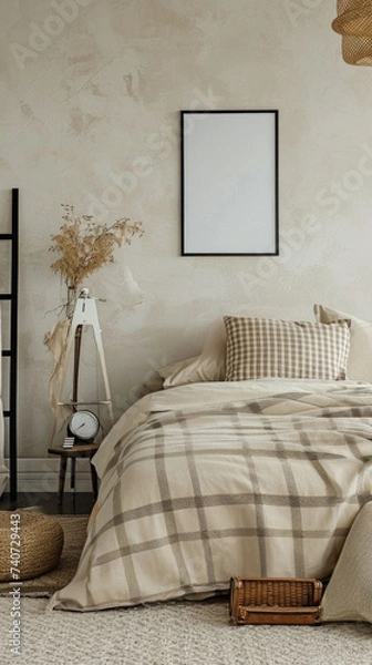 Fototapeta Interior of modern bedroom in scandinavian style with mock up poster frame