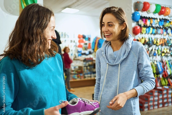 Obraz Professional female sales consultant helps the client find the perfect pair of shoes in shoe store.