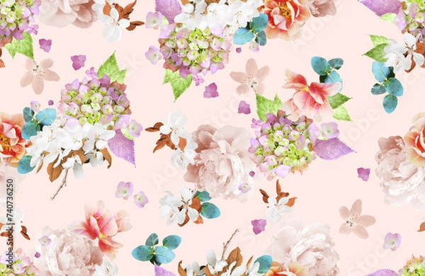 Fototapeta Floral fashionable botanical design pattern photo print with multicolored flowers on a light beige background