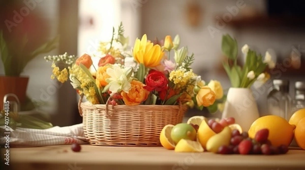 Fototapeta Basket with fruits and narcissus flowers on table in light kitchen
