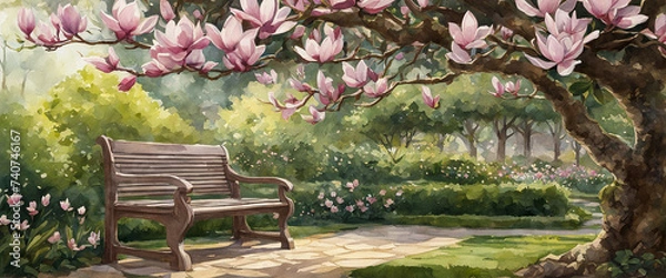Obraz A large magnolia tree and a wooden bench. A park with magnolia flowers in full bloom. Spring park illustration in watercolor style.