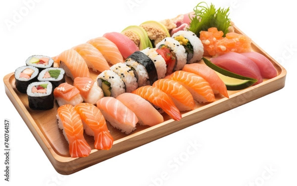 Fototapeta Assorted Sushi on a Wooden Tray. A wooden tray filled with a variety of sushi rolls and nigiri, showcasing a mouthwatering assortment of fresh fish, rice, and vibrant flavors.
