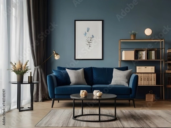Fototapeta A spacious living room with a blue sofa, an armchair and a poster on the wall. Generative AI