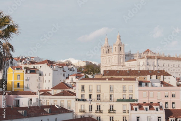 Fototapeta View of Alfama district with Monastery of São Vicente de Fora from Santa Luzia Viewpoint at Lisbon, Portugal. Jewish neighborhood in Lisbon.
