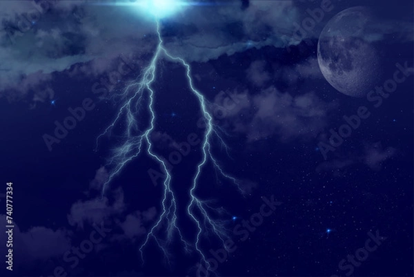 Obraz Ciel nuageux  de nuit avec éclair, foudre et lune