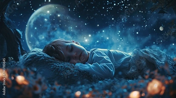 Fototapeta A young boy sleeps peacefully in a moonlit forest, evoking a serene and dreamlike atmosphere ideal for children's stories and bedtime themes, with ample room for text in the mystical setting.