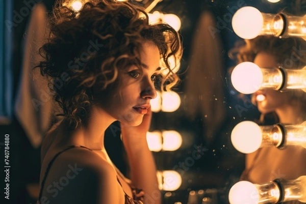 Fototapeta Enigmatic Elegance: Actress Brushing Hair in Dressing Room Ambiance with Mirror and Light Bulbs