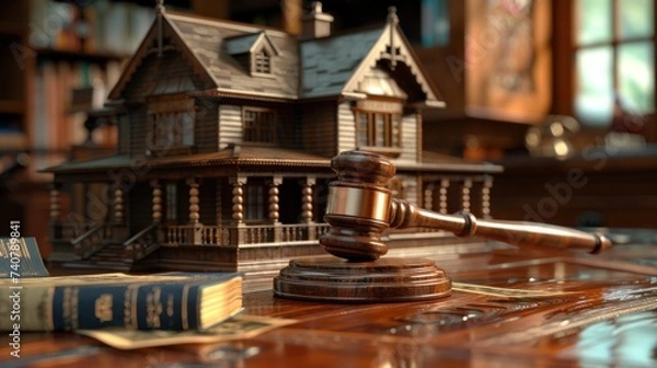Fototapeta Auctioneer's gavel resting next to a model house on desk