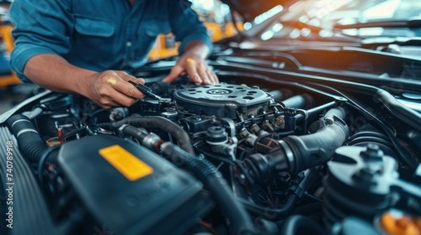 Obraz Hand changing vehicle's ignition coil in engine bay