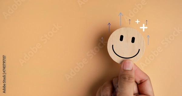Fototapeta Happy smile relax face in wooden lable. Emotion happiness feed good positive thinking concept. Customer review assessment quality or feedback good mood, Happy mental.