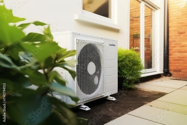 Fototapeta Modern eco-friendly heat pump outside of a family home.