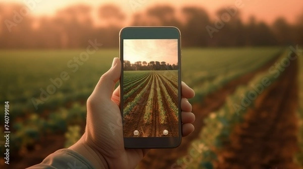 Fototapeta A hand holding a cellphone with a soy field on the screen.