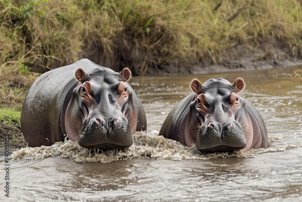 Fototapeta Two Hippos Submerged in River with Ears Alert
