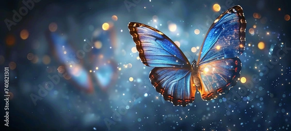 Fototapeta A radiant blue butterfly against a backdrop of starry space dust.