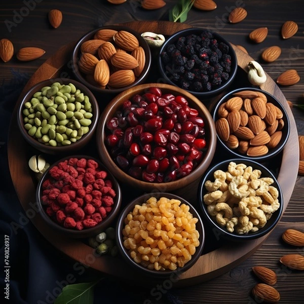 Obraz nuts and dried fruit. Assorted nuts and dried fruit background.