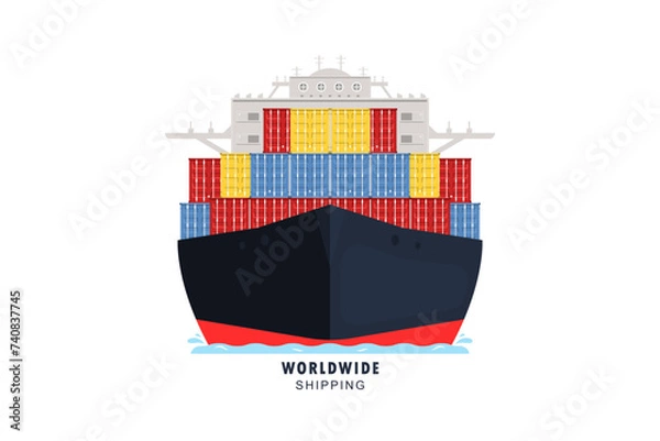 Fototapeta Front view, Cargo ship containers shipping, Worldwide shipping concept, Vector illustration.