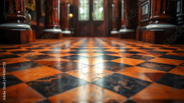 Obraz A Room With a Checkered Floor and Wooden Doors