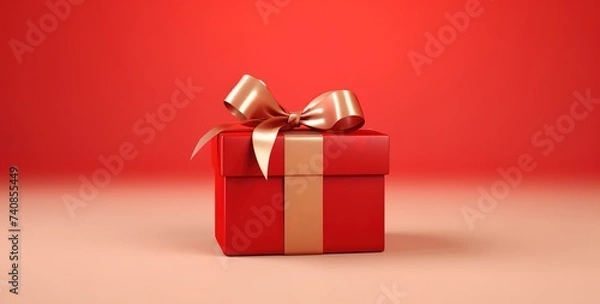 Fototapeta A red gift box with a gold ribbon on a red background