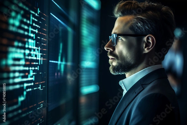 Fototapeta Created with generative AI picture of confident office worker IT specialist system administrator manager