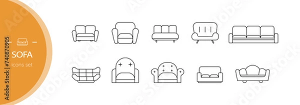 Fototapeta Set of sofa icons. Linear, vector, isolated on white background.