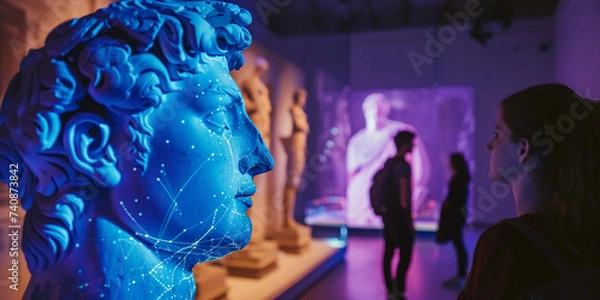 Fototapeta ancient, cracked statue in a museum morphing into a holographic, interactive display, showcasing the evolution of art and technology, soft museum lighting, visitors observing in awe
