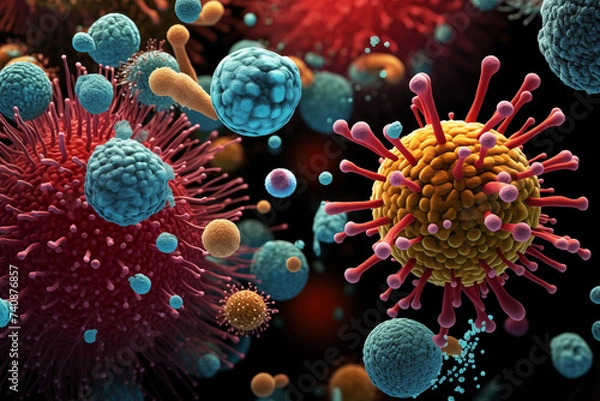 Obraz Wirus. Abstrakcyjne bakterie, wirusy i mikroby makro, zbliżenie. Wirus komputerowy, bakterie alergiczne, opieka medyczna, koncepcja mikrobiologii. Zarodek chorobowy, organizm patogenny, mikrowirusologia zakaźna