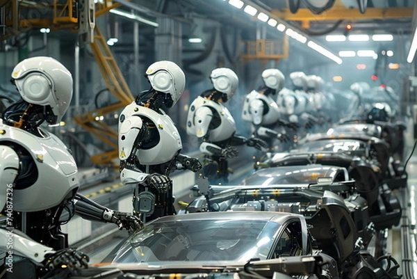 Obraz humanoid robots working on a car factory