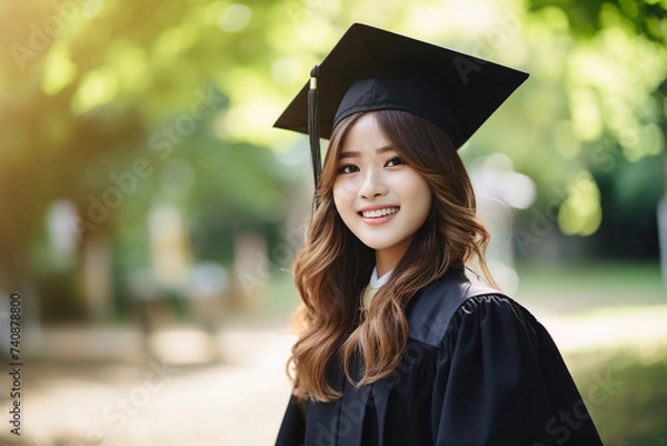 Fototapeta Excited youth graduating from college university school wearing tassel hat prom day Generative AI pic