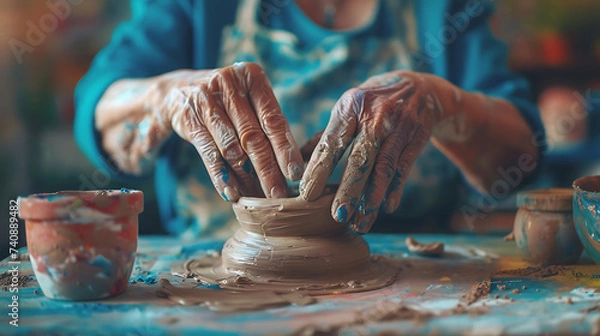 Fototapeta Experienced Potter's Hands Working Clay on Potter's Wheel