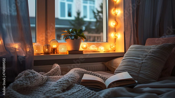 Fototapeta Peaceful Window Sill with Book and String Lights
