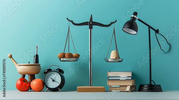 Fototapeta Work Life Balance Concept with Time and Hobbies on Scale