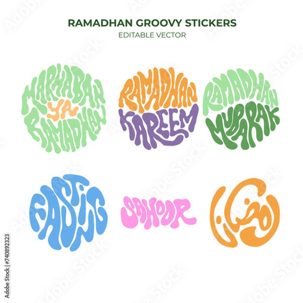 Fototapeta Hand-drawn Ramadhan logotype groovy style. Ramadhan Mubarak title and icon. Logotype for ramadhan,fasting. Greeting Stickers Ramadhan