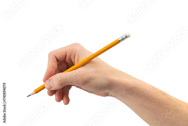 Obraz Hand holding pencil isolated on white