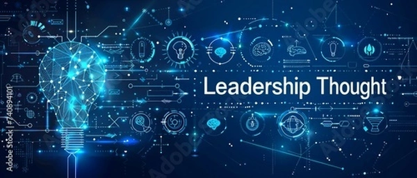 Fototapeta A minimalistic-style banner featuring "Leadership Thought" in blueprint text, accompanied by simple icons of a lightbulb, brain, and thinking bubble. leadership thought concept.