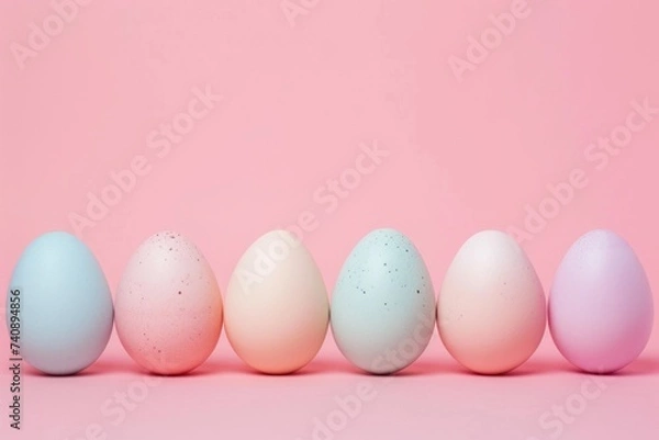 Fototapeta A row of soft pastel-colored eggs on a pastel pink background.