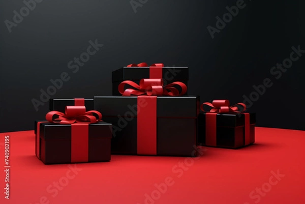 Fototapeta Black Friday in gift box wrapped with black ribbon on red background, idea and creative, copy space. 3d render 