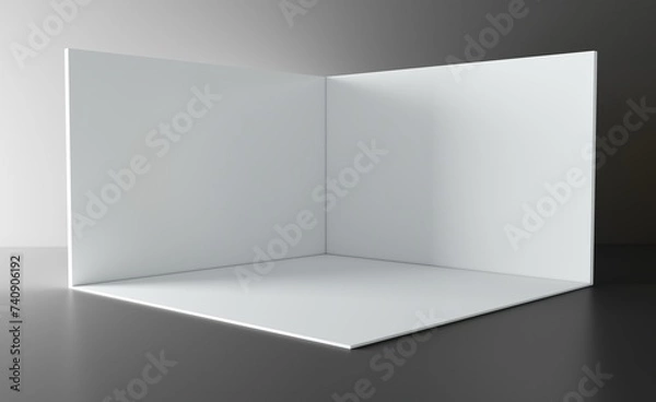 Fototapeta Booth 3d corner. Square corner. 3D exhibition booth. Showroom.  Empty geometric square. Blank box template. White blank exhibition stand. Presentation event room.