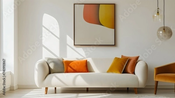 Fototapeta modern living room with sofa, wooden furniture, and large blank canvas generative ai