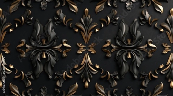 Fototapeta A seamless pattern with metallic silver or gold motifs on a matte black background, creating a striking contrast for luxurious interior design elements. 8k