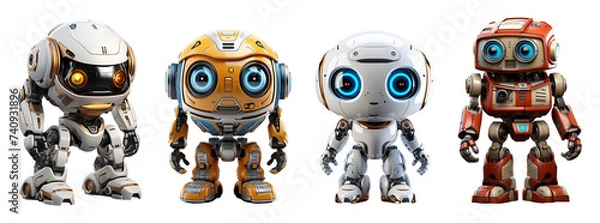 Obraz Collection of 3d animation of cute little cyborg robot characters futuristic style technology, generative ai