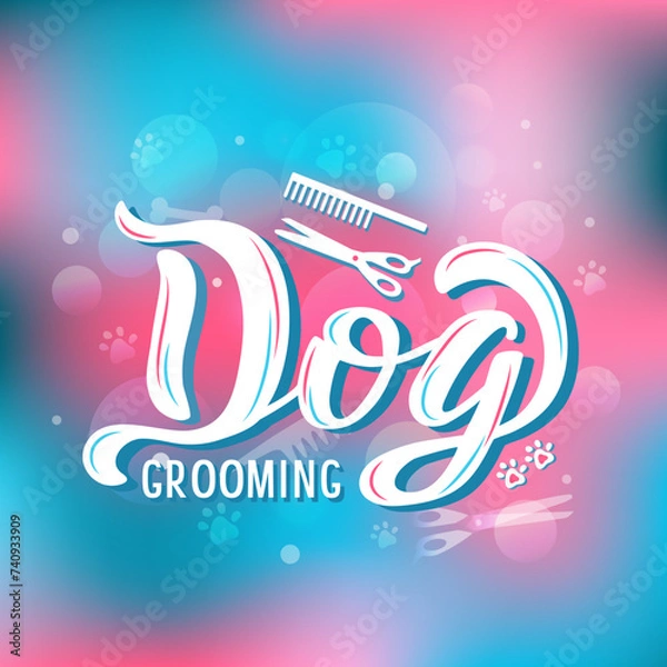 Fototapeta Dog Grooming color lettering on textured background. Hand drawn promotional vector illustration with text decor for banner or flyer. Advertising positive quote for concept or template with icons