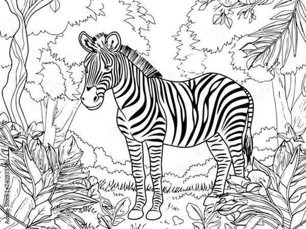 Fototapeta Zebra in the African savanna. Coloring book or Coloring page for kids. Generative ai. 