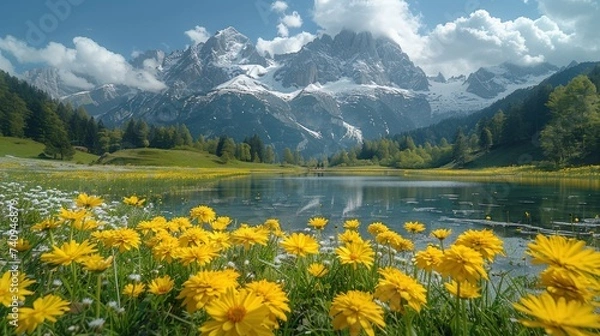 Fototapeta Idyllic mountain scenery in the Alps with lush blooming meadows in springtime