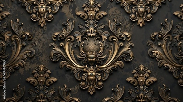 Fototapeta A luxurious, seamless damask pattern embellished with crown motifs and regal colors, embodying a sense of royalty and grandeur. 8k
