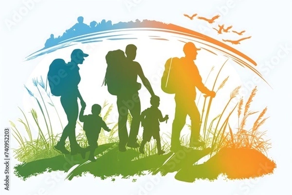 Fototapeta Silhouetted Family on a Scenic Hike Embracing Adventure and Bonding in the Warm Glow of Sunset Amidst Nature's Grandeur