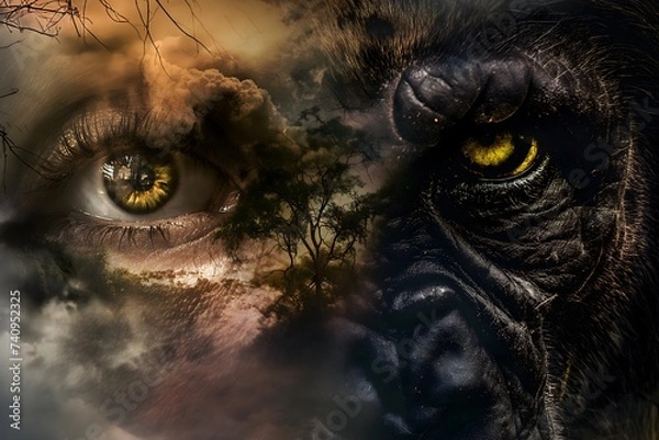 Fototapeta Mystical Fusion of Human and Gorilla Gaze in a Surreal Wildlife Montage
